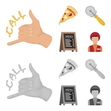 Bir pizza kesici, bir dilim, bir menüde bir pizzacı, bir kurye. Pizza ve pizza çizgi film, tek renkli stil vektör simge stok çizim web simgeler ayarla.