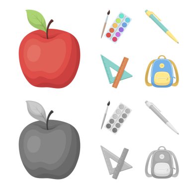 Çok renkli boyalar bir püskül, kalem, üçgen ve cetvel, el çantası, evrak çantası ile. Okul ve eğitim çizgi film, tek renkli stil vektör simge stok çizim web simgeler ayarla.