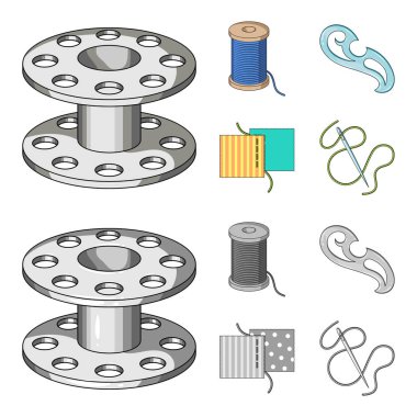 Bir makara ile konu, bir iğne, bir curl, kumaş dikiş. Dikiş veya araçları terzilik çizgi film, tek renkli stil vektör simge stok çizim web simgeler ayarla.