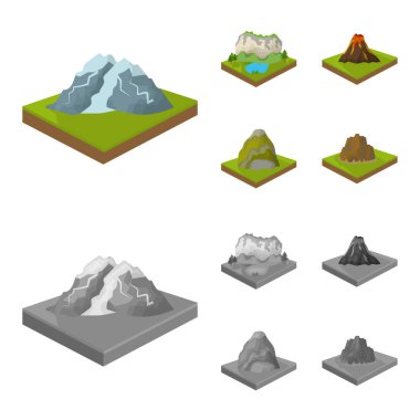 Dağlar, kayalar ve peyzaj. Yardım ve dağlar çizgi film, tek renkli stil izometrik vektör simge stok çizim web simgeler ayarla.