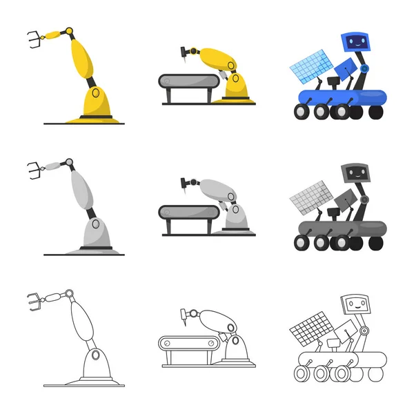 Diseño vectorial de robot y logotipo de fábrica. Conjunto de robot e ilustración de vector de stock espacial . — Vector de stock