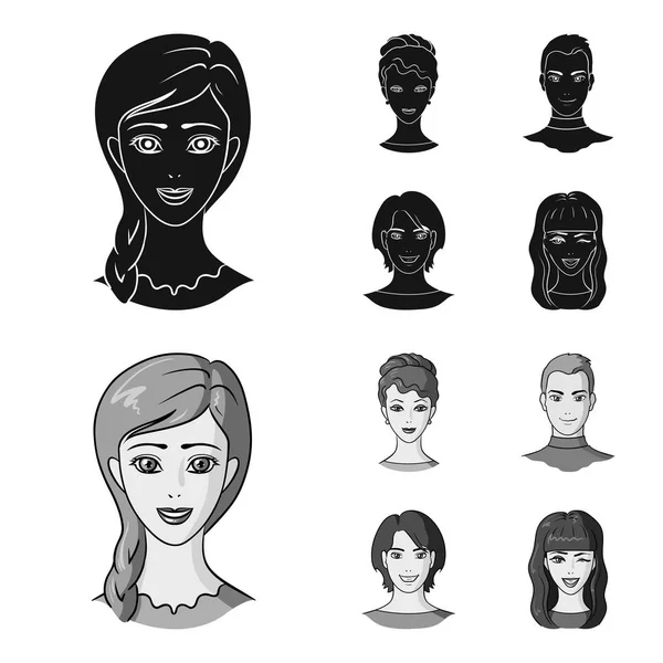 Gençlerin farklı görünüyor. Avatar ve yüz toplama simgeler siyah, tek renkli stil vektör simge stok çizim web ayarla.