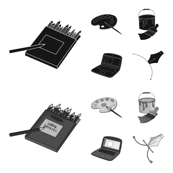 Een kleurenpalet met een borstel, een emmer met een kwast, een computer, een instrument, een pen. Kunstenaar en tekening set collectie iconen in zwart, zwart-wit stijl vector symbool stock illustratie web. — Stockvector