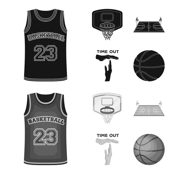 Baloncesto y atributos negro, iconos monocromáticos en la colección de conjuntos para el diseño.Jugador de baloncesto y equipo vector símbolo stock web ilustración . — Archivo Imágenes Vectoriales