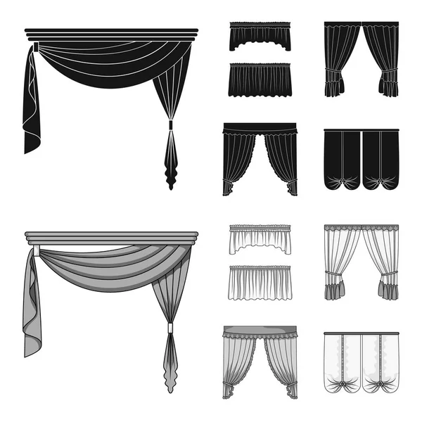 Pencere perdeleri farklı türleri. Perdeleri toplama simgeler siyah, tek renkli stil vektör simge stok çizim web içinde ayarla..