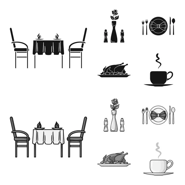 花瓶花、テーブルセッティング、付け合わせにフライド チキン、コーヒーのカップを持つ。レストランは黒、白黒スタイル ベクトル シンボル ストック イラスト web でコレクションのアイコンを設定. — ストックベクタ