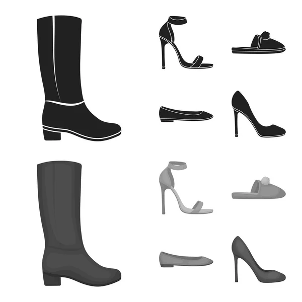 Mavi Yüksek Topuklu sandaletler, ev yapımı leylak terlik ile bir pampon, kadınların s bale düzlükler, kahverengi yüksek topuklu ayakkabılar pembe. Ayakkabı toplama simgeler siyah, tek renkli bir tarzda vektör simge stok ayarla — Stok Vektör
