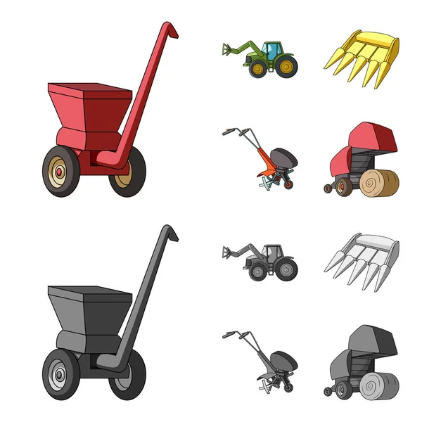 Motoblock und andere landwirtschaftliche Geräte. Landmaschinen Set Sammlung Symbole in Cartoon, monochromen Stil Vektor Symbol Stock Illustration Web. — Stockvektor