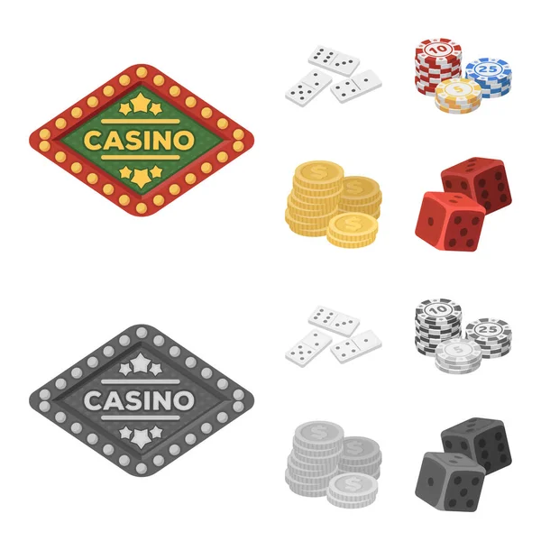 Domino ben, marker, en hög med mont, spela block. Casino och gambling set samling ikoner i tecknad film, svartvit stil vektor symbol stock illustration web. — Stock vektor