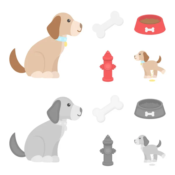 Egy csont, tűzcsap, egy tál étel, egy tönkreteszed kutya. Kutya készlet ikonok gyűjtemény-rajzfilm, fekete-fehér stílus vektor szimbólum stock illusztráció web. — Stock Vector