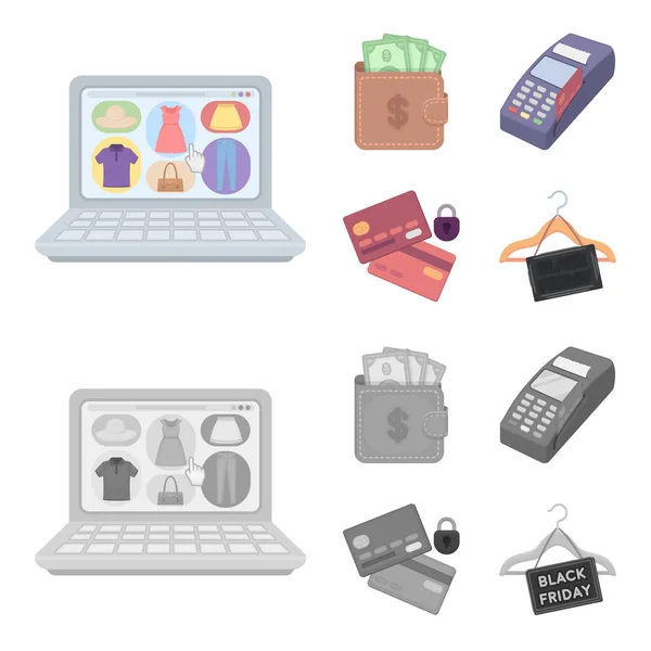 Dompet, uang, sentuhan, gantungan dan peralatan lainnya. E commerce set collection icons in cartoon, monochrome style vector symbol stock illustration web . - Stok Vektor