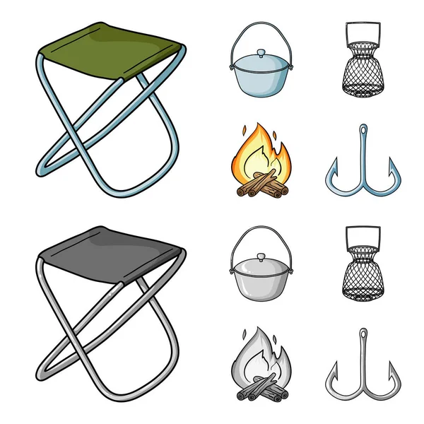 Catch, kanca, kafes, pudra. Balık tutma toplama simgeler çizgi film, tek renkli stil vektör simge stok çizim web ayarla..