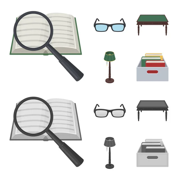 Bril, een houten tafel, een vloer lamp, een doos met boeken. Een bibliotheek en een boekhandel instellen collectie iconen in de tekenfilm, zwart-wit stijl vector symbool stock illustratie web. — Stockvector