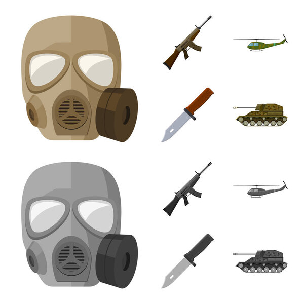 Assault rifle M16, helicopter, tank, combat knife. Military and army set collection icons in cartoon,monochrome style vector symbol stock illustration web.