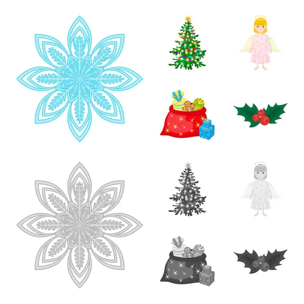 Weihnachtsbaum, Engel, Geschenke und Stechpalme Cartoon, monochrome Symbole in Set-Kollektion für Design. weihnachten vektor symbol stock web illustration. — Stockvektor