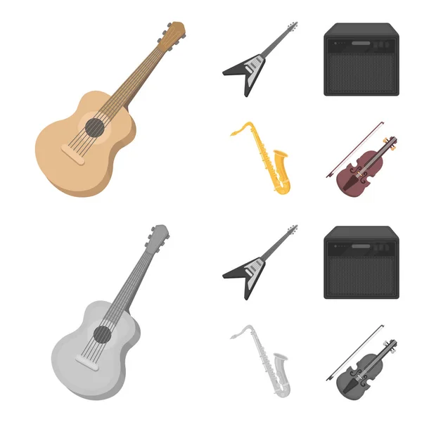 Elgitarr, högtalare, saxofon, violin. Musikinstrument som samling ikoner i tecknad film, svartvit stil vektor symbol stock illustration web. — Stock vektor