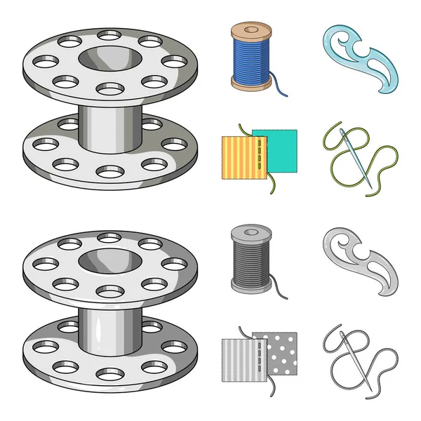 Bir makara ile konu, bir iğne, bir curl, kumaş dikiş. Dikiş veya araçları terzilik çizgi film, tek renkli stil vektör simge stok çizim web simgeler ayarla.