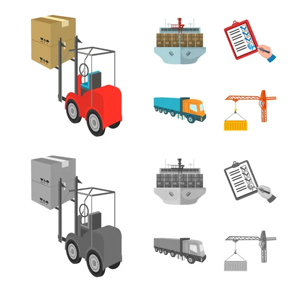 Transport maritime, signature des documents de livraison, camion, grue à tour avec un conteneur. Ensemble logistique et livraison icônes de collection en dessin animé, le style monochrome vectoriel isométrique symbole illustration stock — Image vectorielle