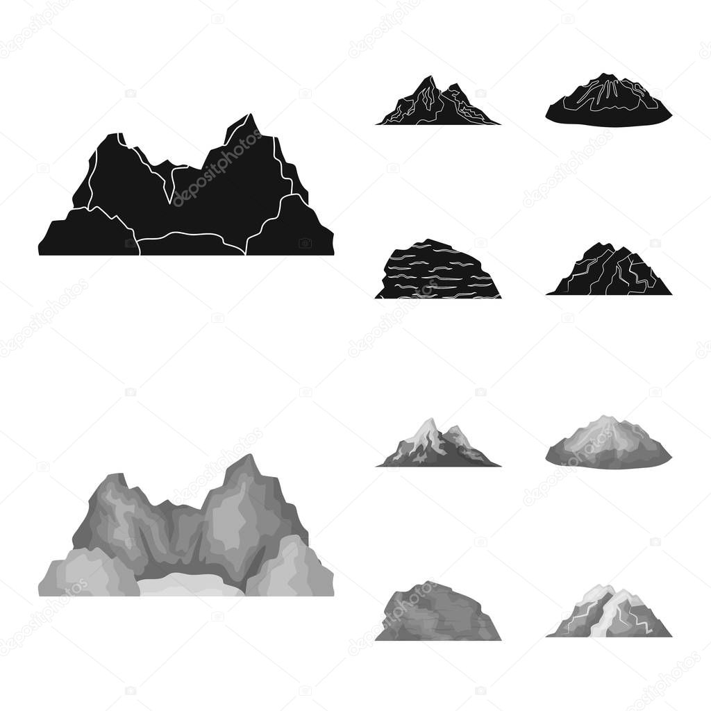 Mountains in the desert, a snowy peak, an island with a glacier, a snow-capped mountain. Different mountains set collection icons in black,monochrome style vector symbol stock illustration .