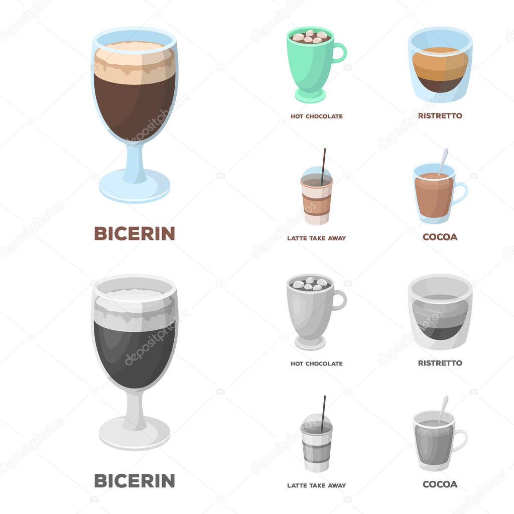 Ristretto, hot chocolate, latte take-away.Different types of coffee set collection icons in cartoon,monochrome style vector symbol stock illustration web.