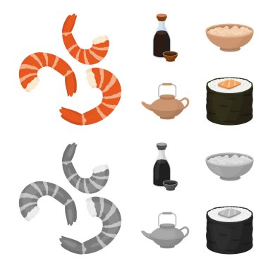 Soya sosu, erişte, kettle.rolls.Sushi çizgi film, tek renkli stil vektör simge stok çizim web simgeler ayarla.