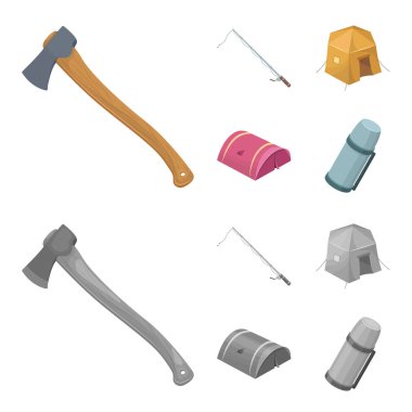 Balık tutma, çadır, termos için iplik. Çadır toplama simgeler çizgi film, tek renkli stil vektör simge stok çizim web ayarla..