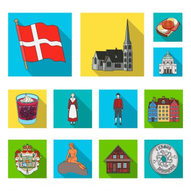 Danimarka düz Icons set koleksiyonu tasarım için seyahat. Danimarka ve konumlar sembol stok illüstrasyon vektör.