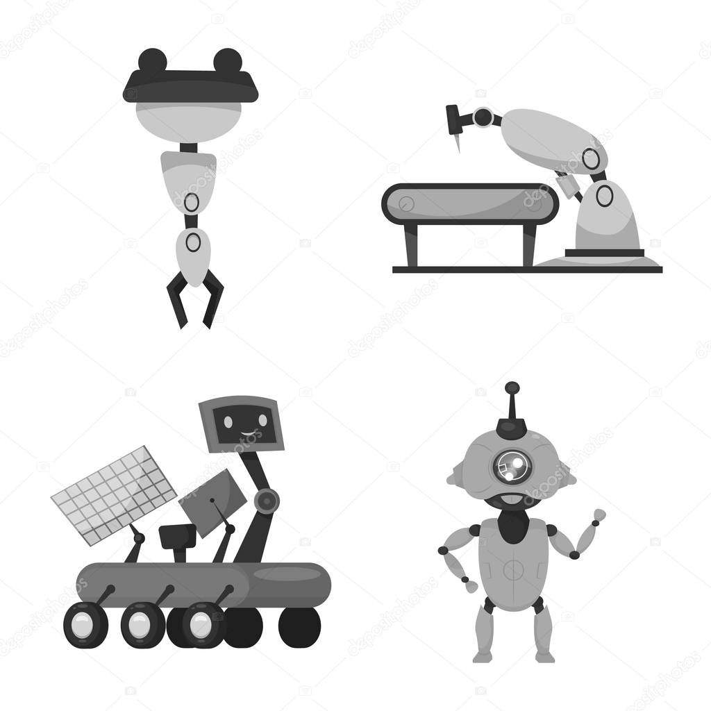 Vector illustration of robot and factory logo. Collection of robot and space stock symbol for web.