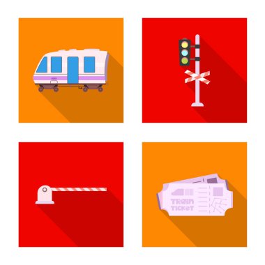 Tren ve istasyonu işareti yalıtılmış nesne. Hisse senedi için tren ve bilet vektör simge kümesi.