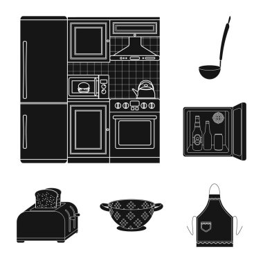 Set koleksiyonu tasarım için mutfak ekipman siyah simgeler. Sembol stok web illüstrasyon vektör mutfak ve aksesuarları.