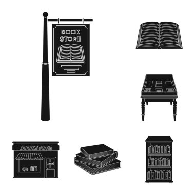 Siyah set koleksiyonu tasarım için simgeler Kütüphane ve kitabevi. Kitap ve mobilyalar sembol stok web illüstrasyon vektör.