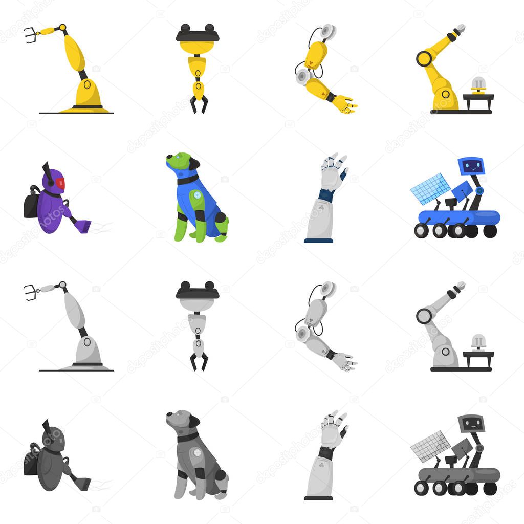 Vector illustration of robot and factory symbol. Collection of robot and space stock vector illustration.