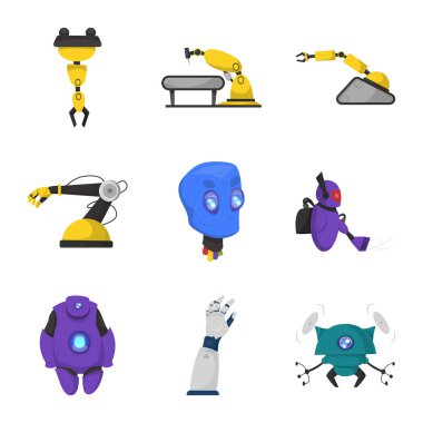 Robot ve fabrika sembolü yalıtılmış nesne. Robot ve uzay hisse senedi vektör çizim seti.