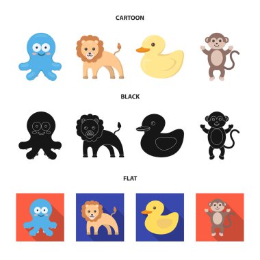 Gerçekçi olmayan bir çizgi film, siyah, düz hayvan simgeler toplama tasarımı için ayarlayın. Oyuncak hayvanlar sembol stok web illüstrasyon vektör.