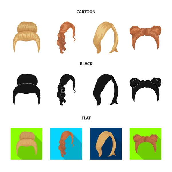 Rubio con un manojo, rojo ondulado y otros tipos de cabello. Conjunto de pelo trasero colección iconos en dibujos animados, negro, estilo plano vector símbolo stock ilustración web . — Vector de stock