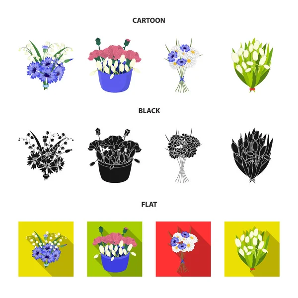 Un ramo de flores frescas de dibujos animados, negro, iconos planos en la colección de conjuntos para el diseño. Varios ramos vector símbolo stock web ilustración . — Archivo Imágenes Vectoriales