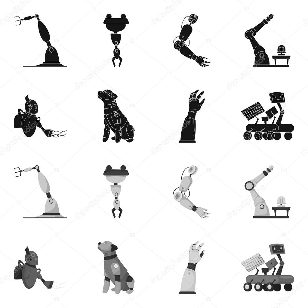 Vector illustration of robot and factory symbol. Collection of robot and space vector icon for stock.