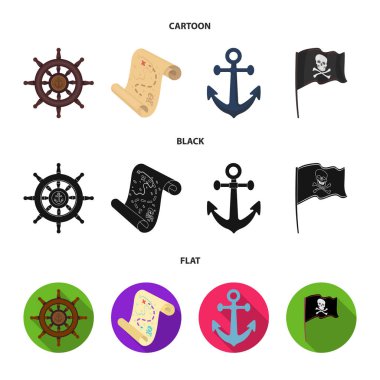 Korsan, haydut, dümen, bayrak. Korsanlar toplama simgeler çizgi film, siyah, düz stil vektör simge stok çizim web içinde ayarla..