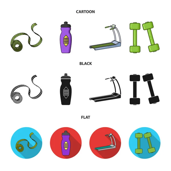 Maßband, Wasserflasche, Laufband, Hanteln. fitnes set collection icons in cartoon, schwarz, flachen stil vektor symbol stock illustration web. — Stockvektor