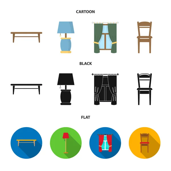 Кавовий столик, лампа, штори, стілець. Меблевий набір колекційних значків у мультфільмі, чорний, плоский стиль Векторний символ стокової ілюстрації Інтернет . — стоковий вектор