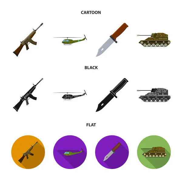 Espingarda de assalto M16, helicóptero, tanque, faca de combate. Militar e exército conjunto coleção ícones em desenhos animados, preto, estilo plano símbolo vetorial ilustração web . —  Vetores de Stock