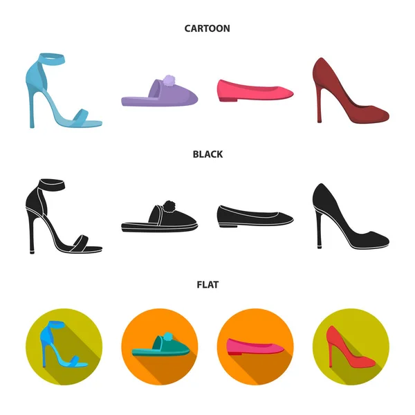 Blue high-heeled sandals, homemade lilac slippers with a pampon, pink women s ballet flats, brown high-heeled shoes. Shoes set collection icons in cartoon,black,flat style vector symbol stock
