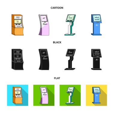 Tıbbi terminal, Atm cihazları, sıra için ödeme için. Terminalleri toplama simgeler çizgi film, siyah, düz stil izometrik vektör simge stok çizim web içinde ayarla. .