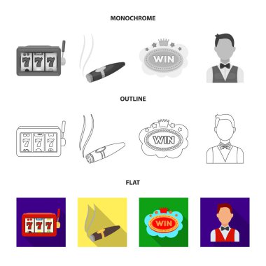 A gaming machine a one-armed bandit, a cigar with smoke, a five-star hotel sign, a dilettante in a vest. Casinos and gambling set collection icons in flat,outline,monochrome style vector symbol stock clipart