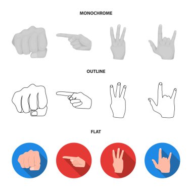 Kapalı yumruk, dizin ve diğer hareketleri. El hareketleri toplama simgeler koymak düz, anahat, tek renkli stil vektör simge stok çizim web.