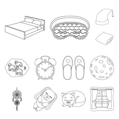 Dinlenme ve uyku set koleksiyonu tasarım için simgeleri anahat. Aksesuarlar ve konfor sembol stok web illüstrasyon vektör.