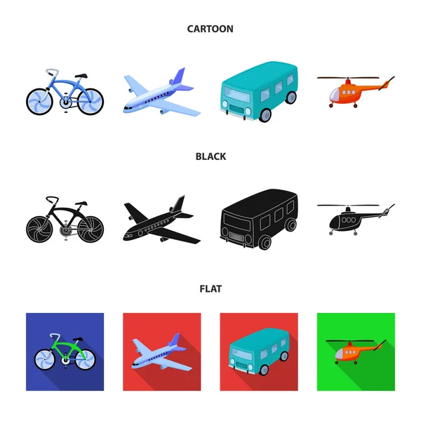 Fahrrad, Flugzeug, Bus, Hubschrauber. Transport Set Sammlung Symbole in Cartoon, schwarz, flachen Stil Vektor Symbol Stock Illustration Web. — Stockvektor
