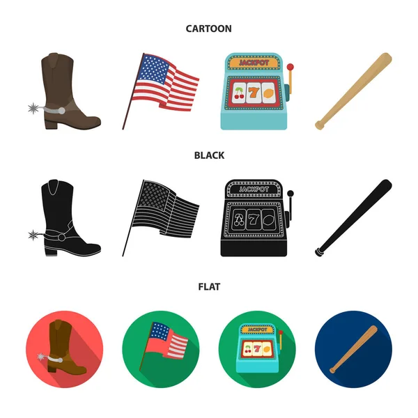 Botas de cowboy, bandeira nacional, máquina de fenda, bastão de beisebol. EUA país conjunto coleção ícones em desenhos animados, preto, estilo plano símbolo vetorial ilustração web . —  Vetores de Stock