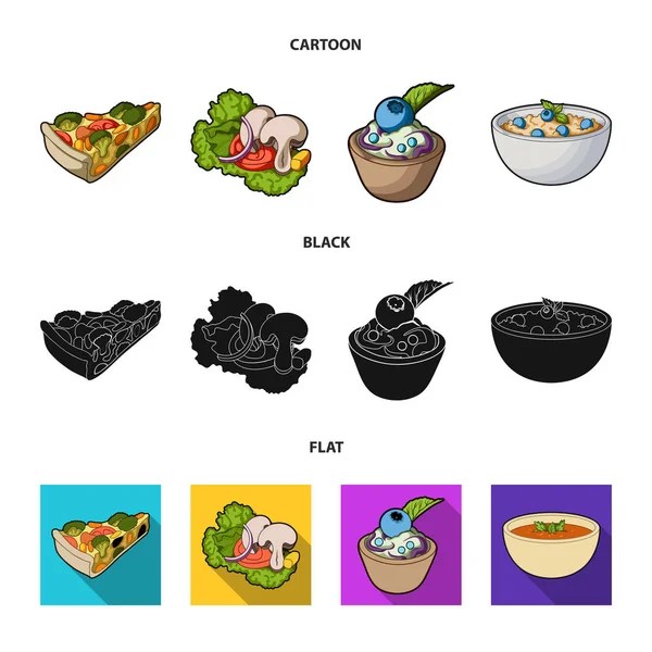 Шматок вегетаріанську піцу з помідорами, листя салату, гриби, чорничний пиріг, вегетаріанські суп із зеленню. Вегетаріанські страви набір іконок колекції у мультфільмі, чорний, плоскі стиль Векторний знак — стоковий вектор