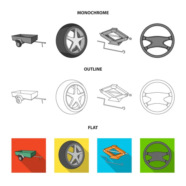 Caravana, roda com tampa de pneu, macaco mecânico, volante, ícones de coleção de conjunto de carro em plano, contorno, estilo monocromático símbolo vetorial web ilustração . — Vetor de Stock